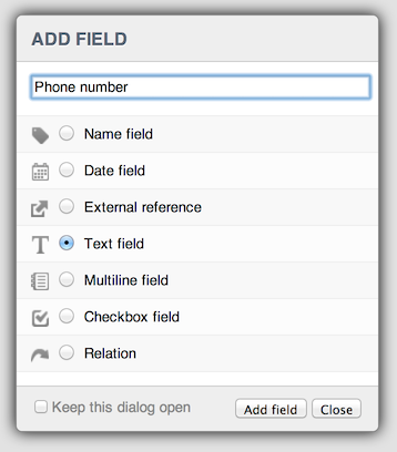 The 'add field' dialog